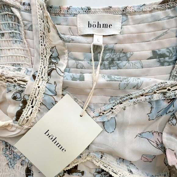 Bohme Pleated Smocked Bustier Tank Cream Blue Floral top Large - Picture 3 of 9